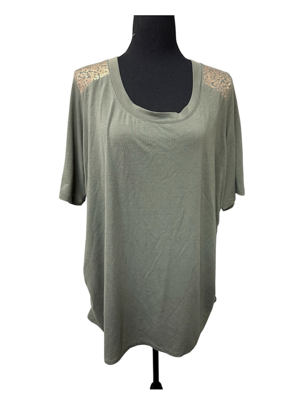 Avenue 22/24 Olive Green Gold Sequin Shoulder Plus Size Tunic Top Tee